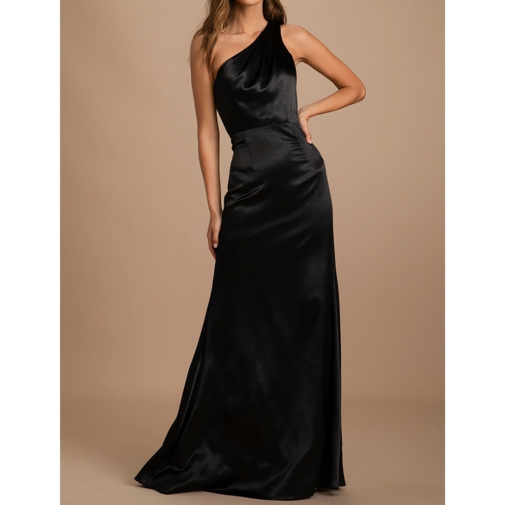 Lulus On the Guest List Black Satin One-Shoulder Maxi Dress